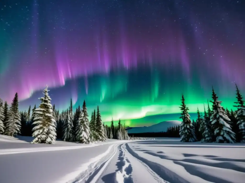 Una vista impresionante de auroras boreales sobre un paisaje nevado