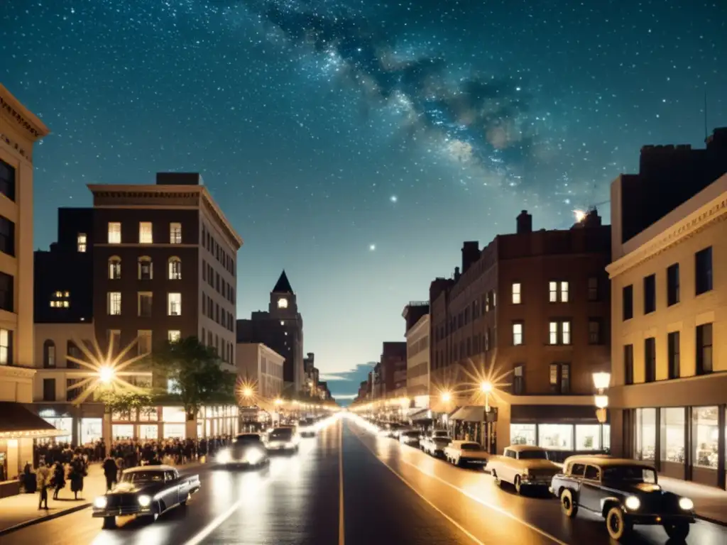 Vista nocturna de ciudad iluminada con destellos de meteoros