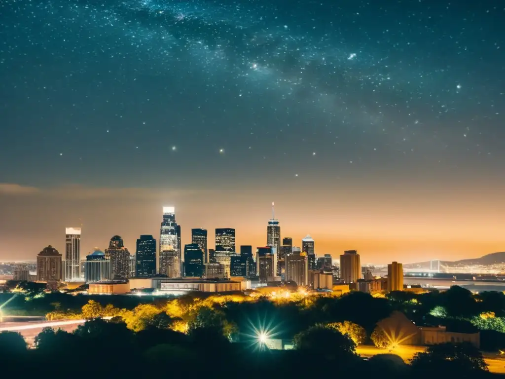 Vista nocturna de una ciudad iluminada con un filtro vintage