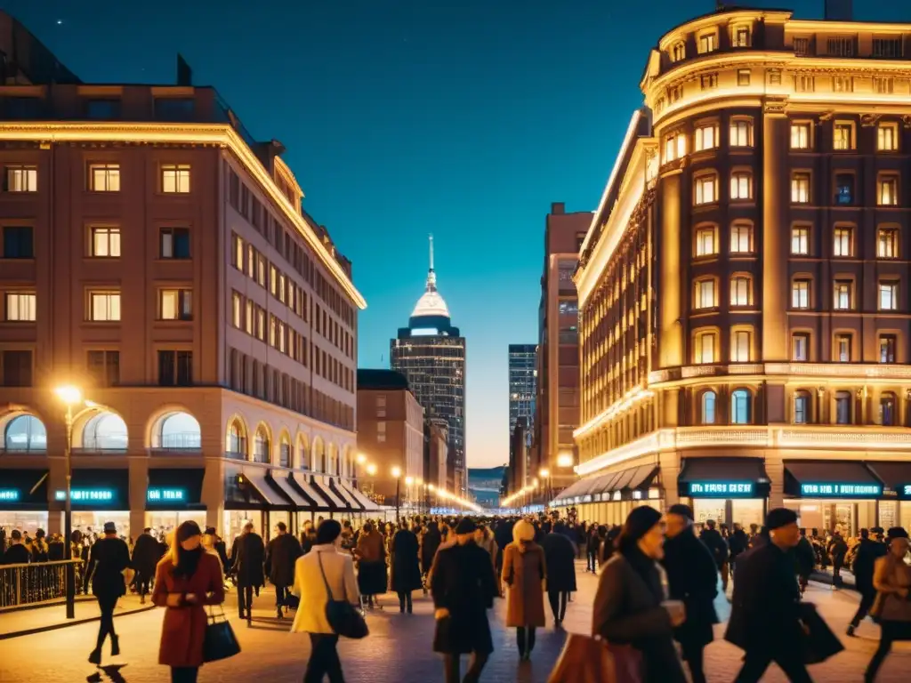 Vista nocturna de ciudad con iluminación LED, mostrando la revolución LED y la contaminación lumínica en contraste con la arquitectura vintage