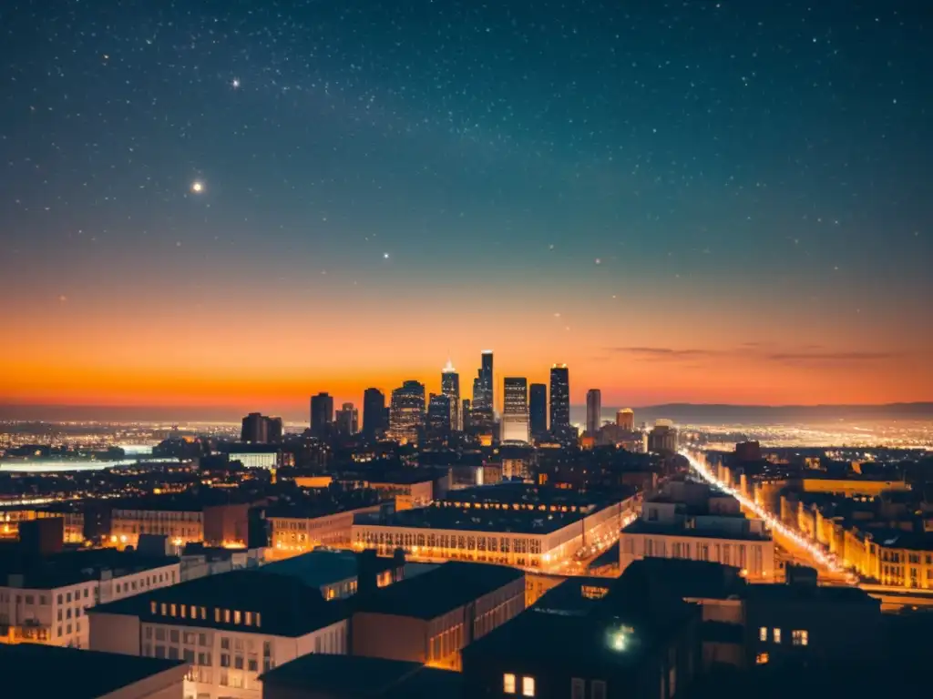 Una vista nocturna de la ciudad con luces brillantes y contaminación lumínica que oculta las constelaciones en el cielo