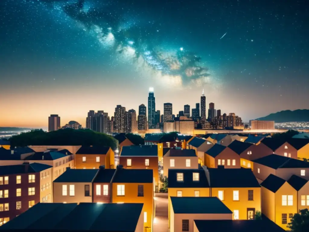 Vista nocturna de la ciudad con luces brillantes y estrellas, un contraste entre lo urbano y lo natural