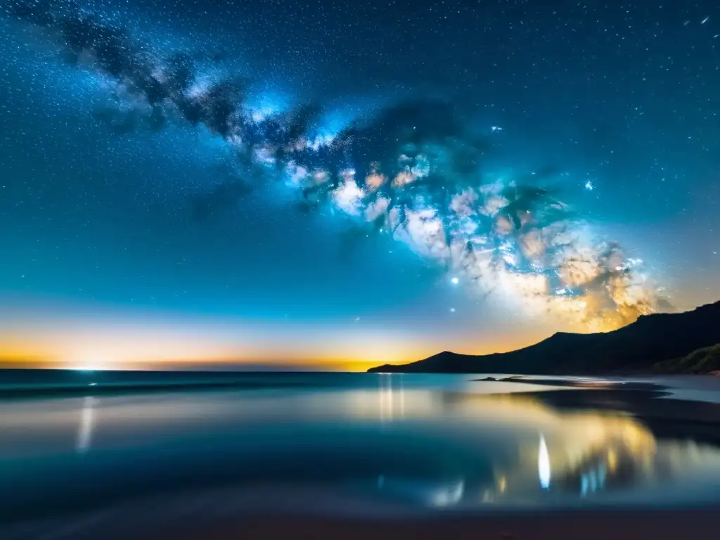 Vista nocturna desde islas estelares, cielo estrellado sobre el océano, reflejos en el agua