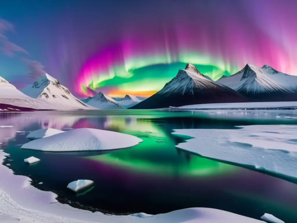 Vista panorámica del Ártico al atardecer, con montañas nevadas y una Aurora Boreal reflejada en un lago congelado