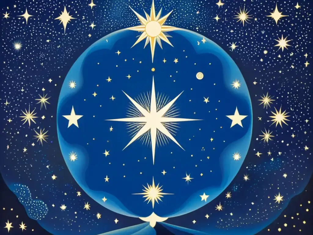 Los Visvedevas en el mapa estelar: una ilustración vintage de dioses universales entre las estrellas, radiantes y místicos en el cielo azul profundo