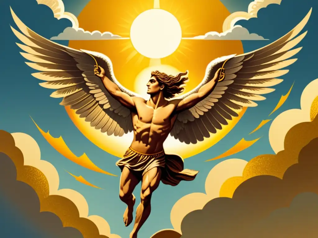 El vuelo de Ícaro en la mitología griega: ilustración vintage detallada con alas etéreas y el resplandor dorado del sol, evocando ambición y peligro