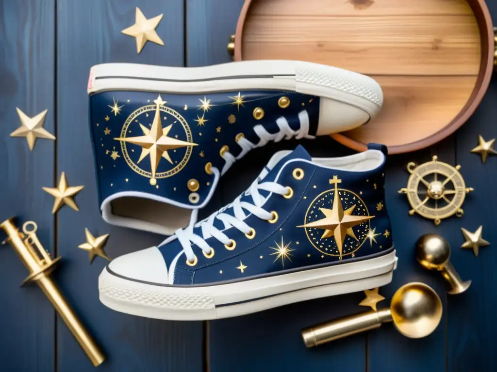 Zapatillas personalizadas con constelaciones en diseño vintage, rodeadas de instrumentos astronómicos antiguos y bañadas en luz de velas cálida