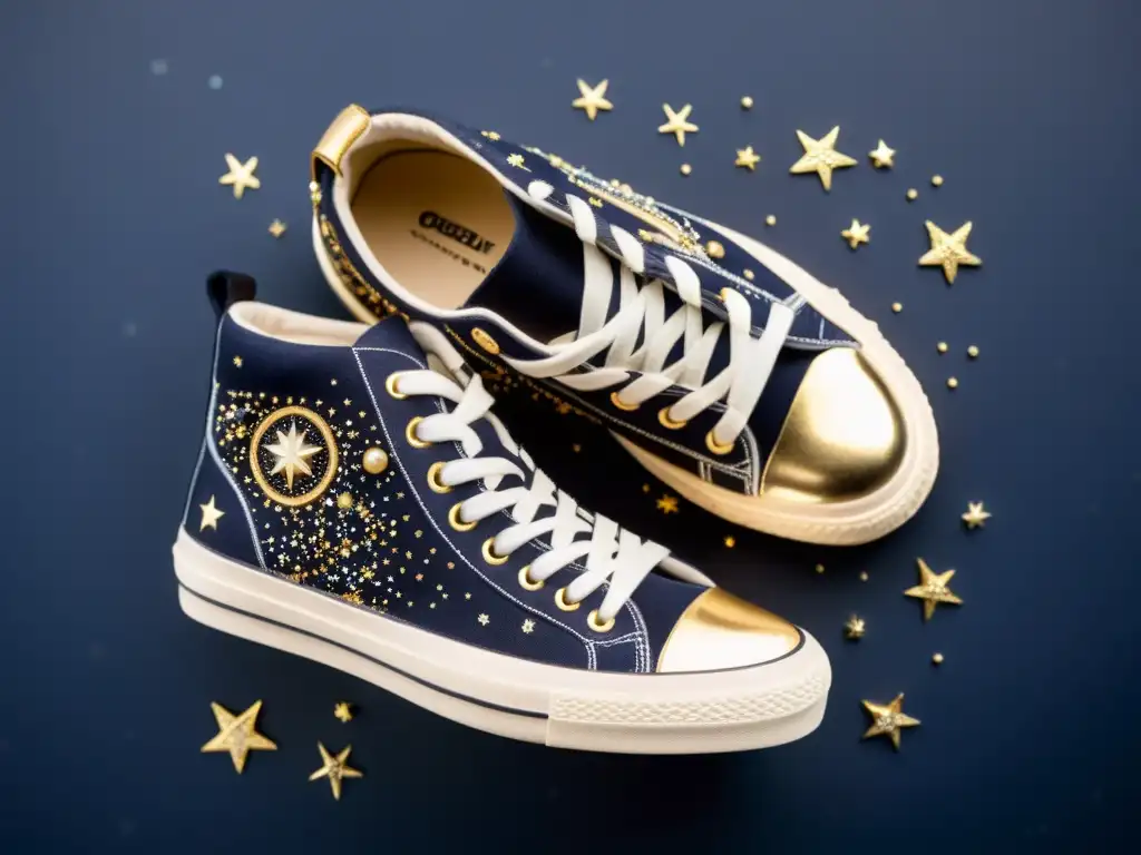 Zapatillas personalizadas con constelaciones en diseño celestial vintage, destacando detalles en oro y plata sobre fondo estrellado